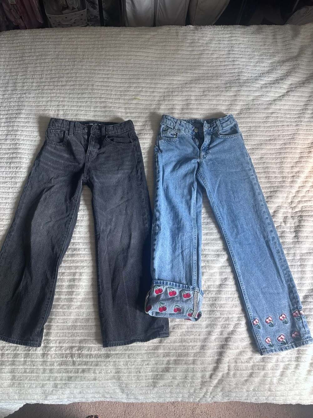 Zara Embroidered Cherry Jeans and Old Navy Baggy Mid-Leg Jeans